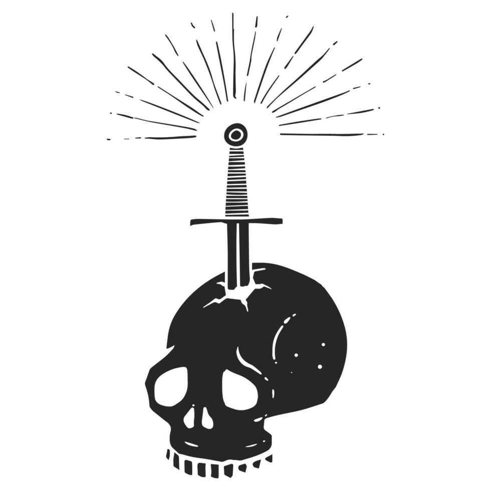 Hand drawn icon stabbed skull by a sword. Vector illustration.
