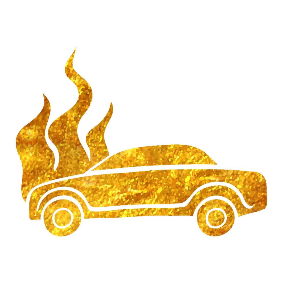 Hand drawn Car on fire icon in gold foil texture vector illustration