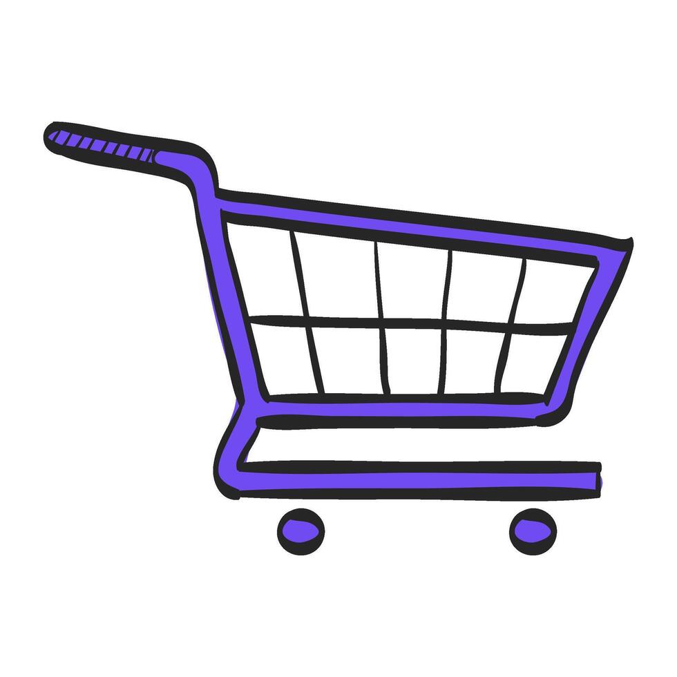 Shopping cart icon in hand drawn color vector illustration