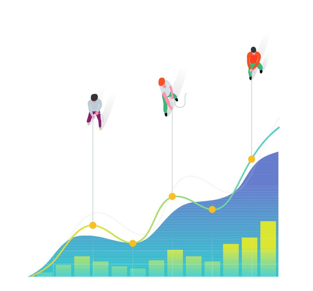 Three men pulling line chart vector
