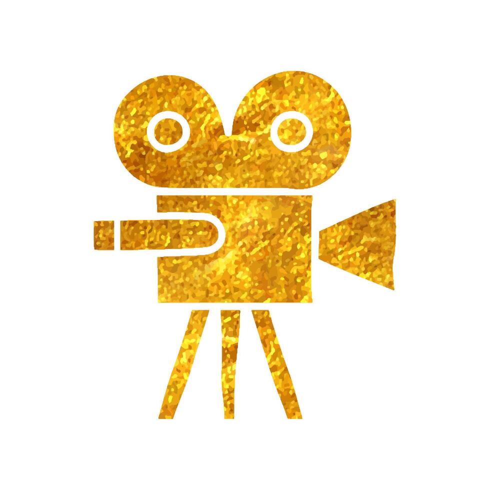 Hand drawn Movie camera icon in gold foil texture vector illustration