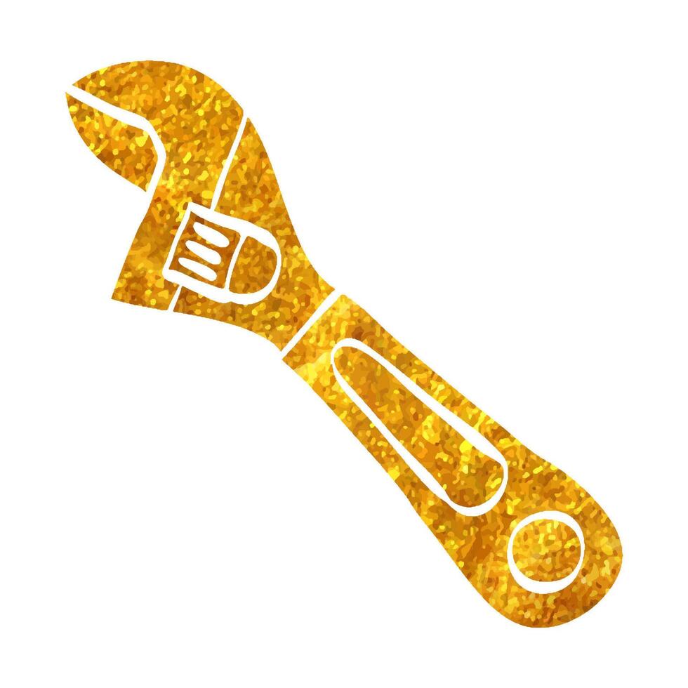 Hand drawn adjustable wrench icon in gold foil texture vector illustration