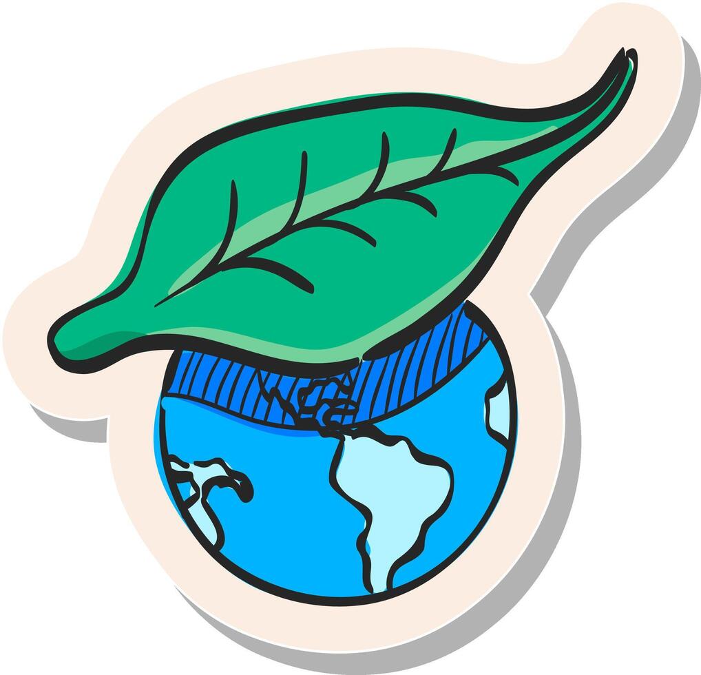 Hand drawn Globe with leaf icon in sticker style vector illustration