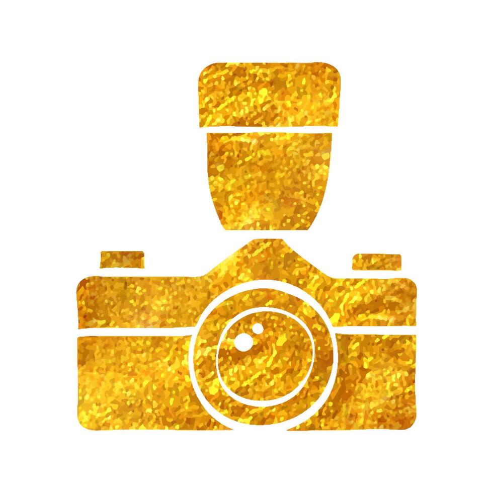 Hand drawn Camera icon in gold foil texture vector illustration