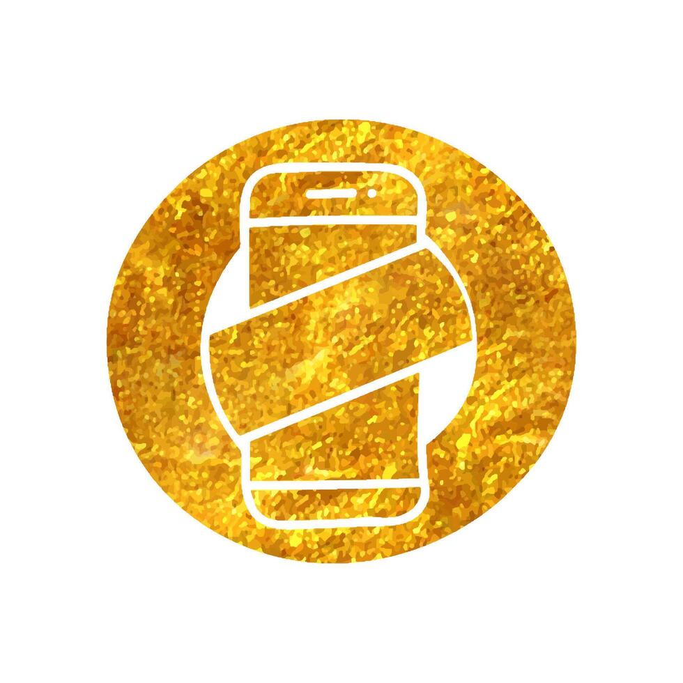Hand drawn No cell phone icon in gold foil texture vector illustration