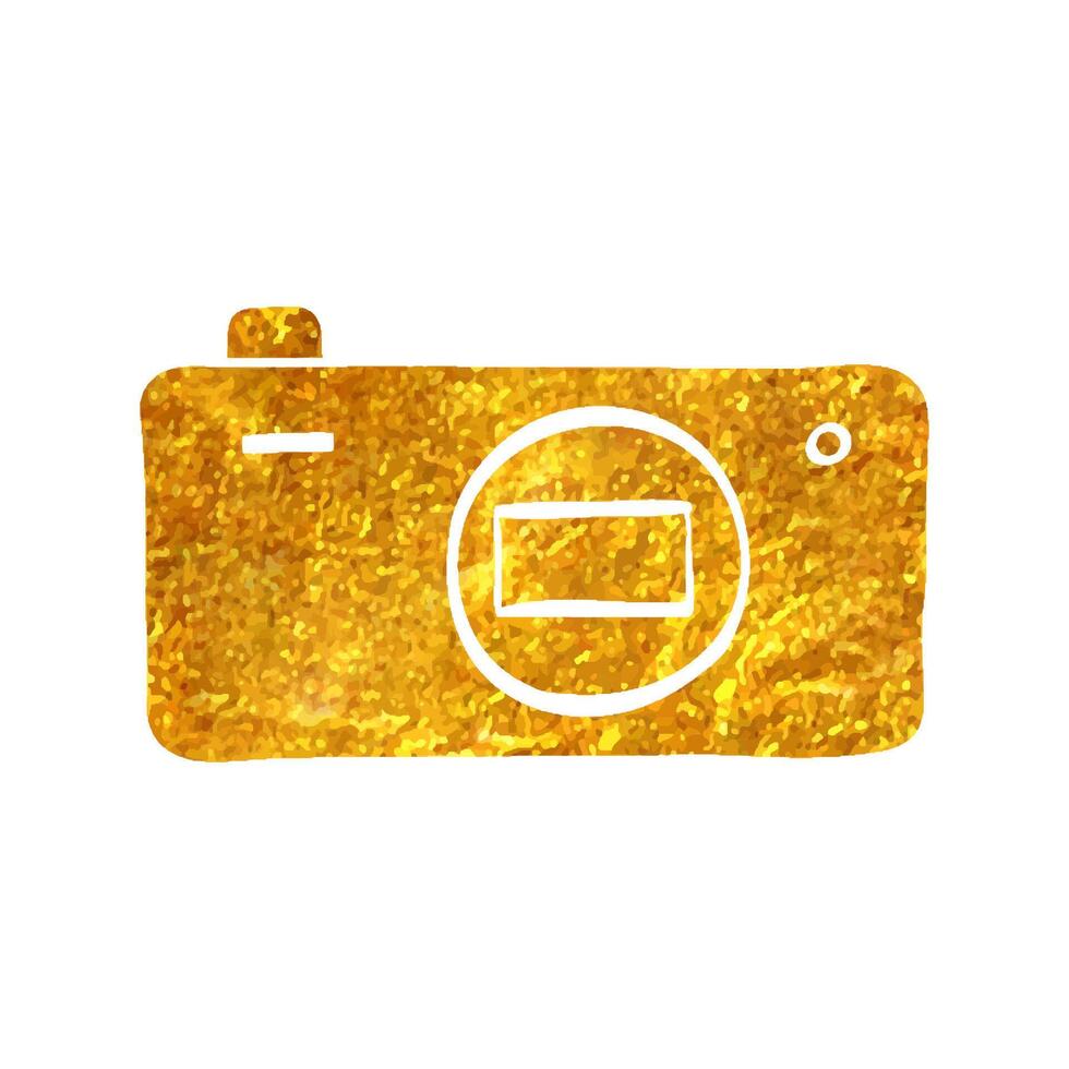 Hand drawn Camera icon in gold foil texture vector illustration