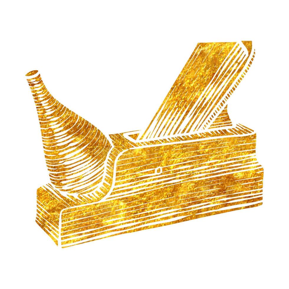 Hand drawn wooden plane icon woodworking tool in gold foil texture vector illustration