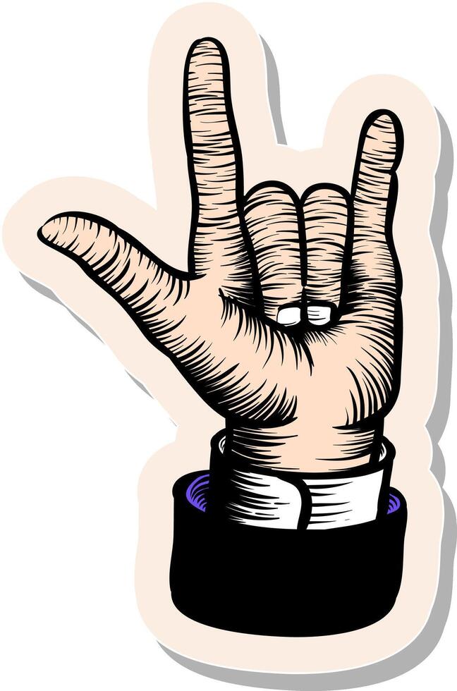 Hand drawn sticker style I love you finger gesture in woodcut drawing vector illustration