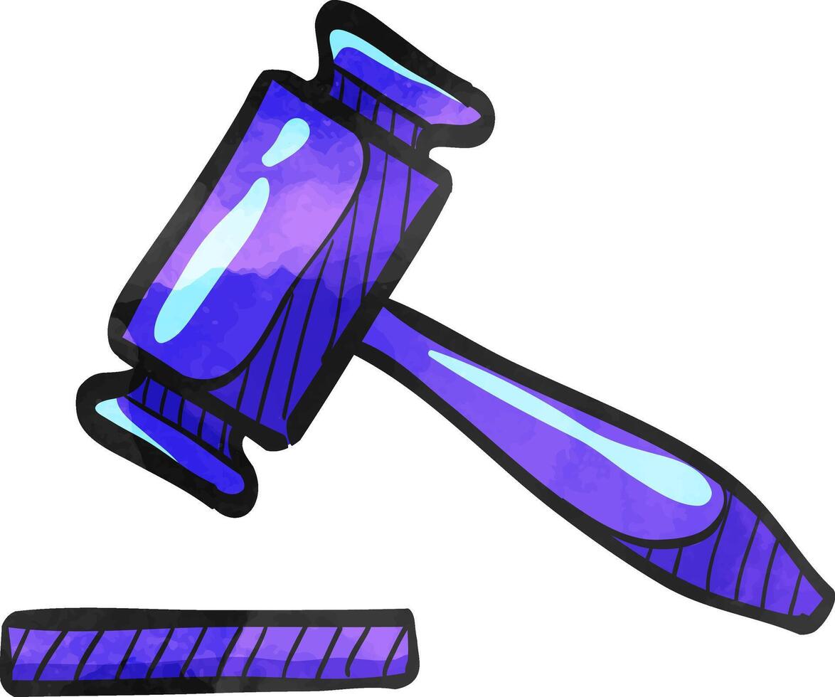 Wood hammer icon in color drawing. Law justice judge auction bidder vector