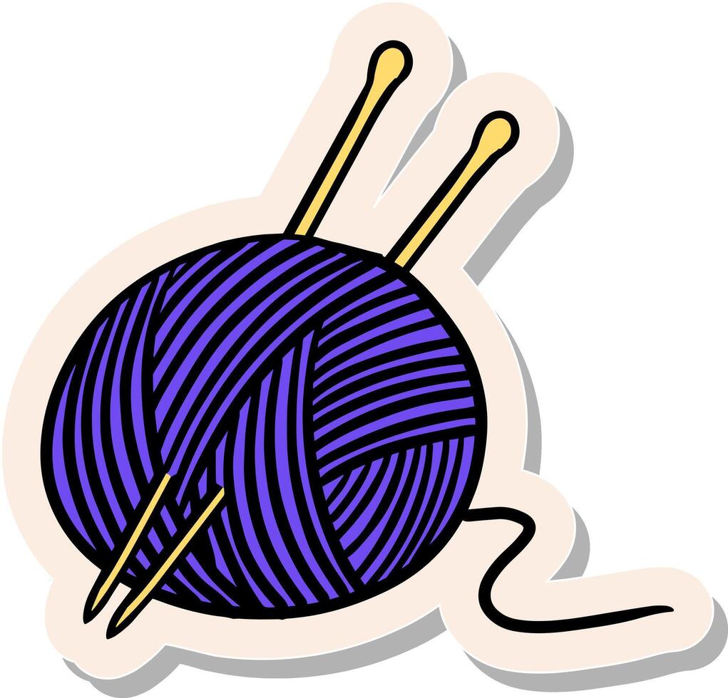 Hand drawn yarn and needles in sticker style vector illustration