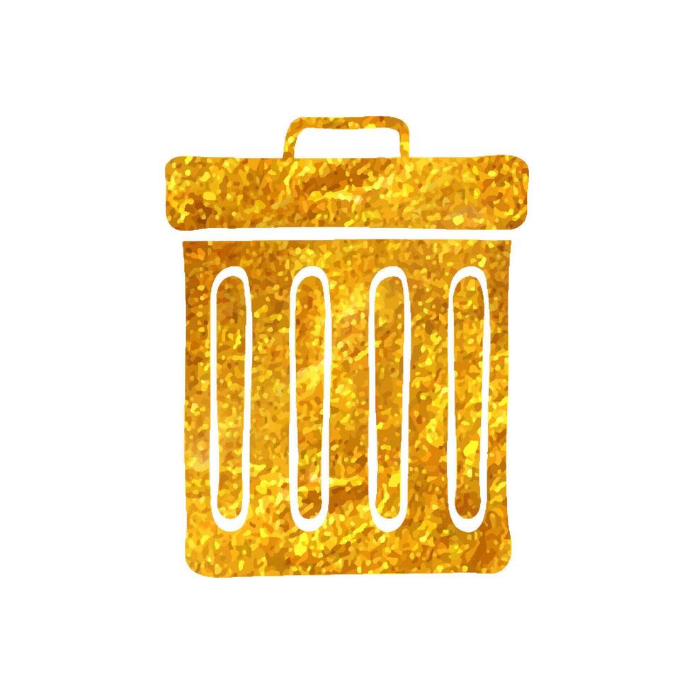 Hand drawn Recycle trash can icon in gold foil texture vector illustration