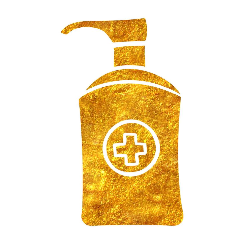 Hand drawn gold foil texture disinfectant sanitizer bottle. Vector illustration.