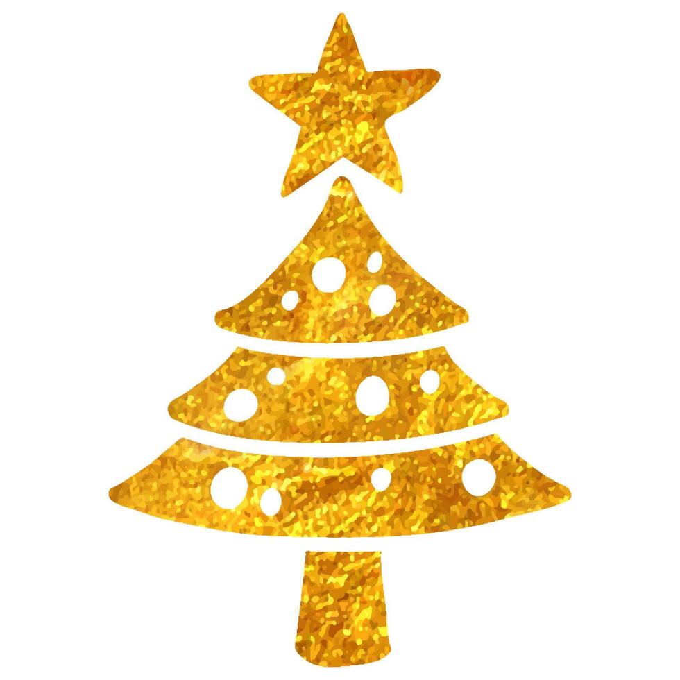Hand drawn Christmas tree icon in gold foil texture vector illustration
