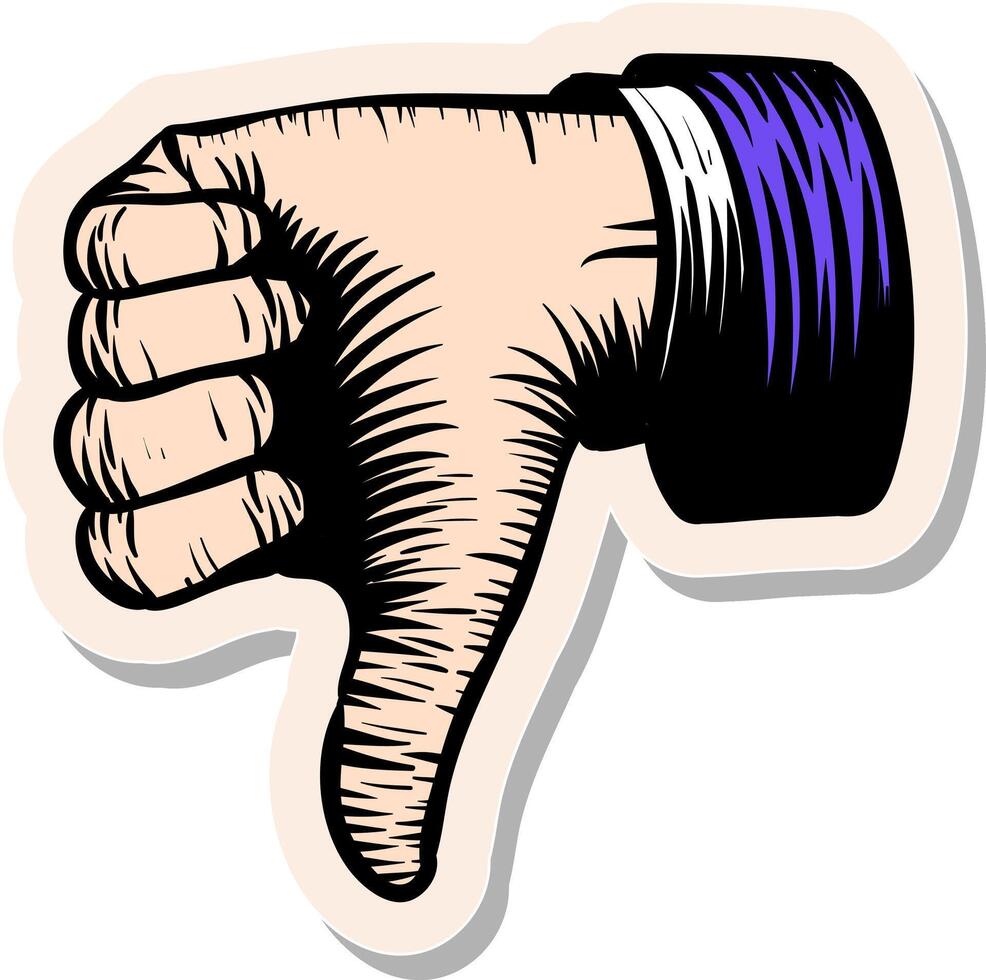 Hand drawn sticker style Thumb down hand in retro sketch vector illustration