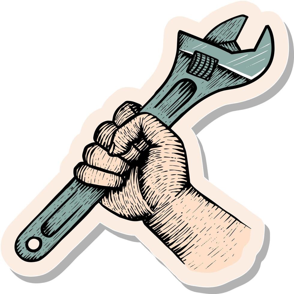 Hand drawn sticker style Hand holding adjustable wrench vector illustration