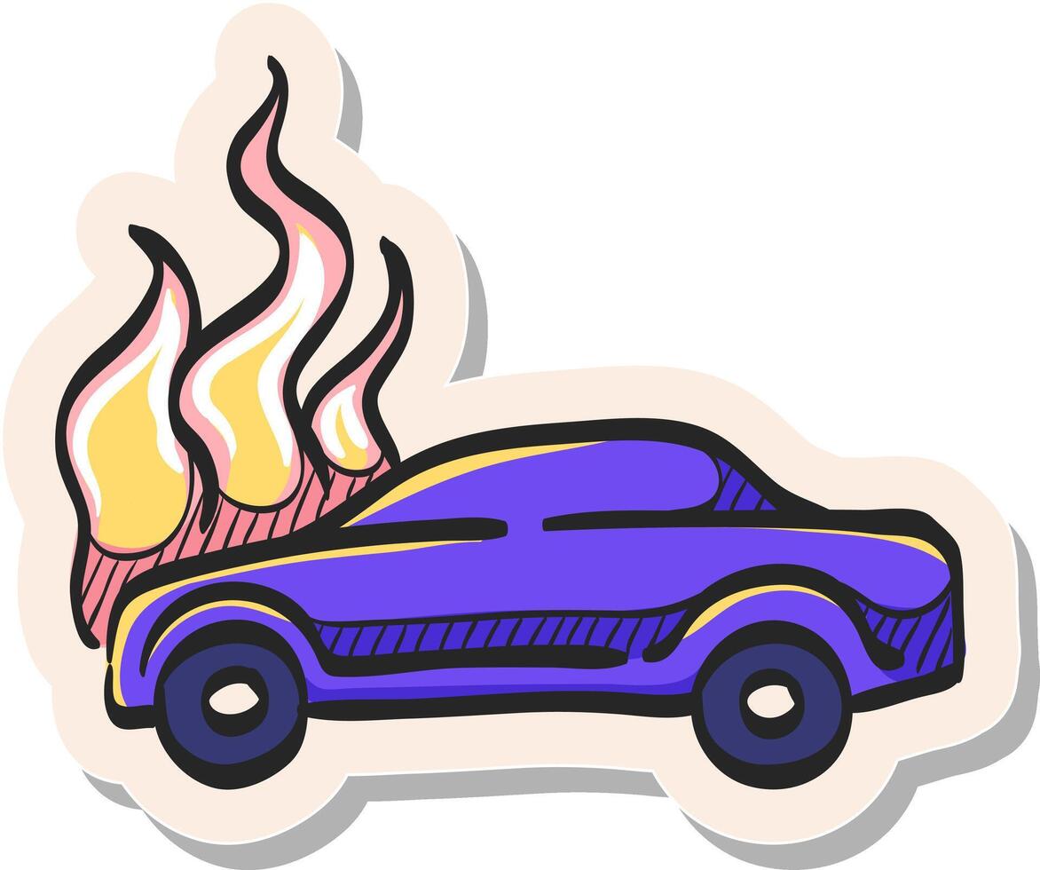 mano dibujado coche en fuego icono en pegatina estilo vector ilustración