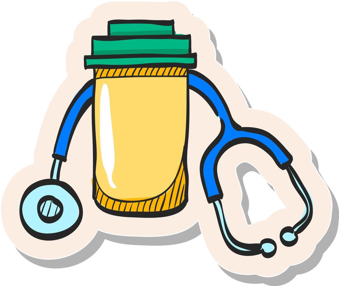 Hand drawn Pills bottle stethoscope icon in sticker style vector illustration