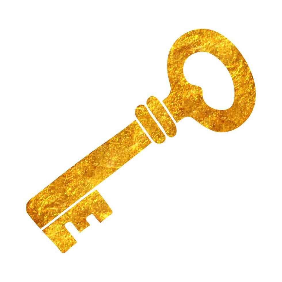 Hand drawn key in gold foil texture vector illustration