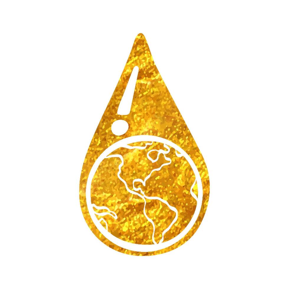 Hand drawn Earth water drop icon in gold foil texture vector illustration