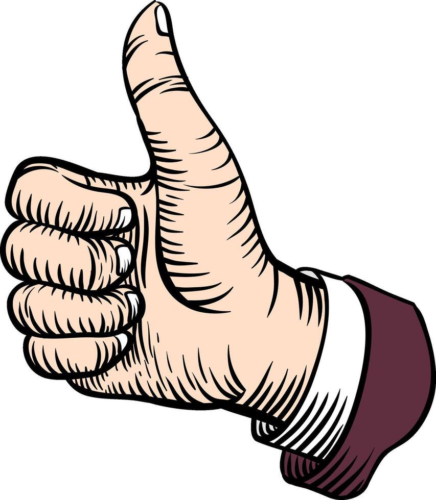 Thumb up hand in retro sketch style color vector illustration