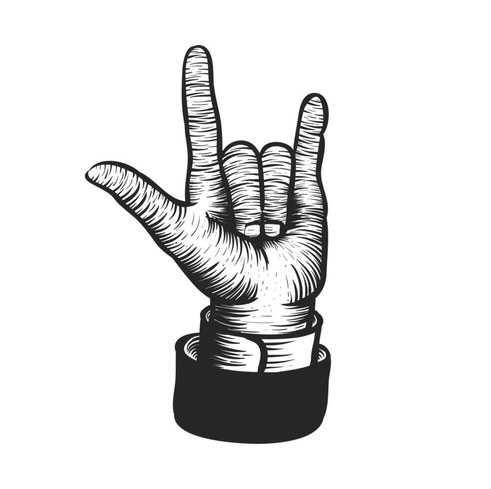 I love you finger gesture in woodcut style drawing vector