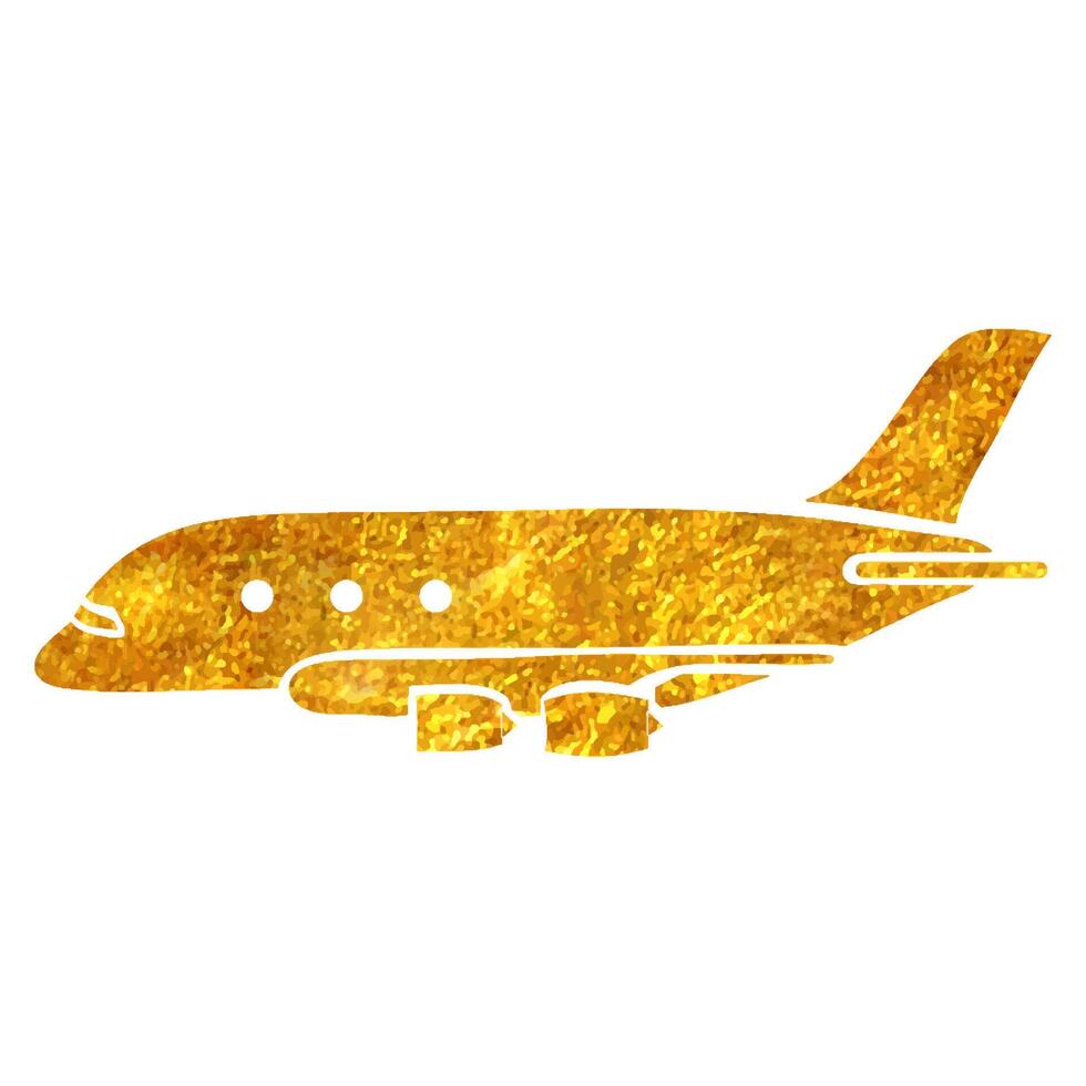 Hand drawn Airplane icon in gold foil texture vector illustration