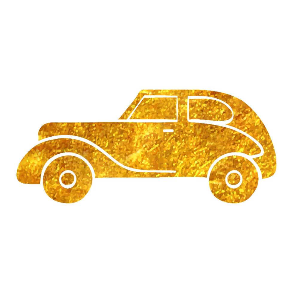 Hand drawn Vintage car icon in gold foil texture vector illustration