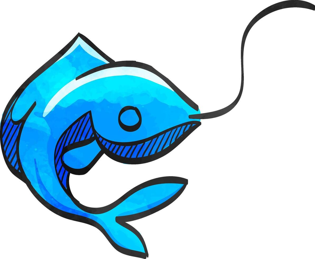 Hooked fish icon in color drawing. Sport fishing water sea river catch vector