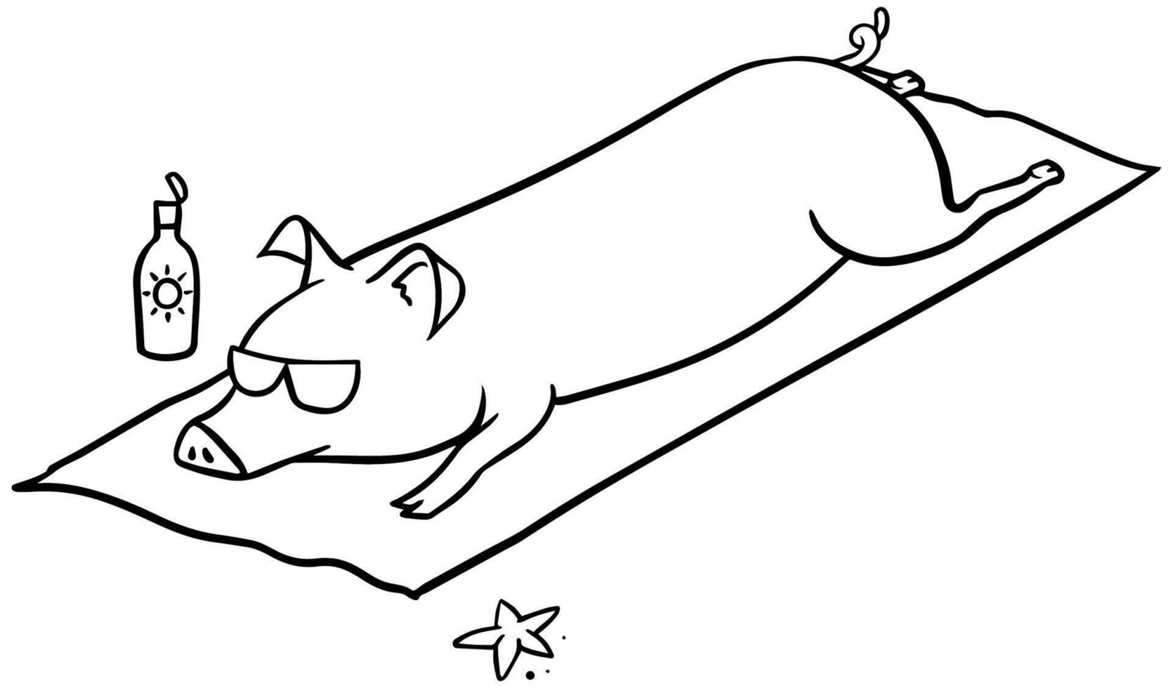 pig laying at the beach hand drawn. Vector illustration.
