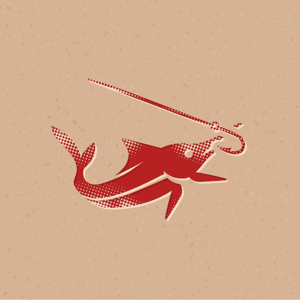 Hooked fish halftone style icon with grunge background vector illustration