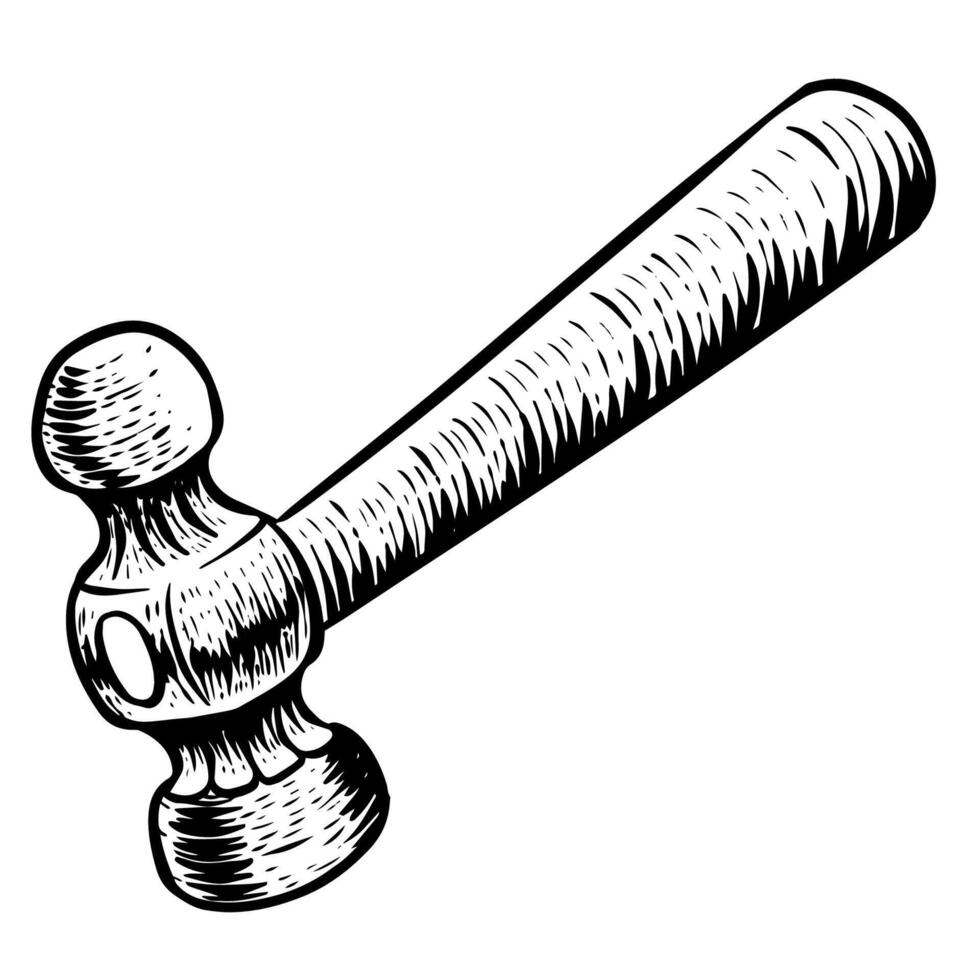 Ball peen hammer in woodcut drawing style. Woodworking tool vector illustration.