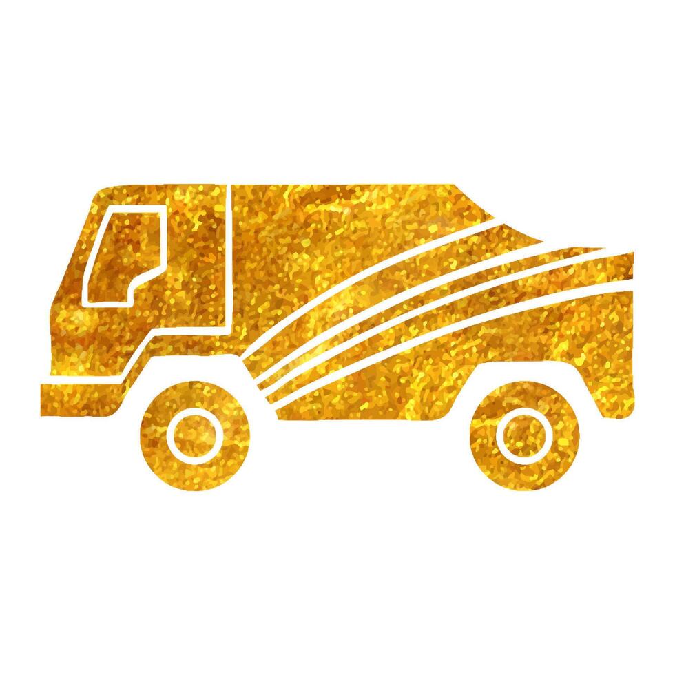 Hand drawn Rally truck icon in gold foil texture vector illustration