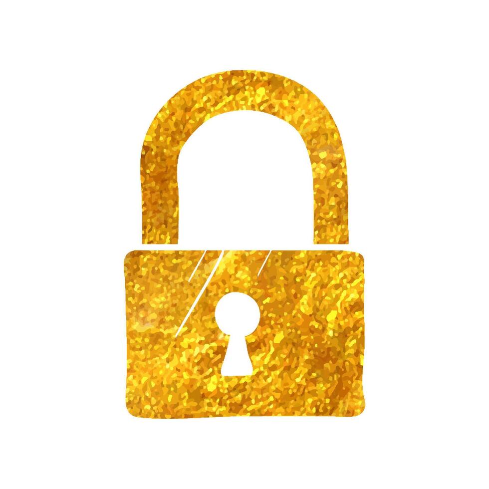 Hand drawn Padlock icon in gold foil texture vector illustration