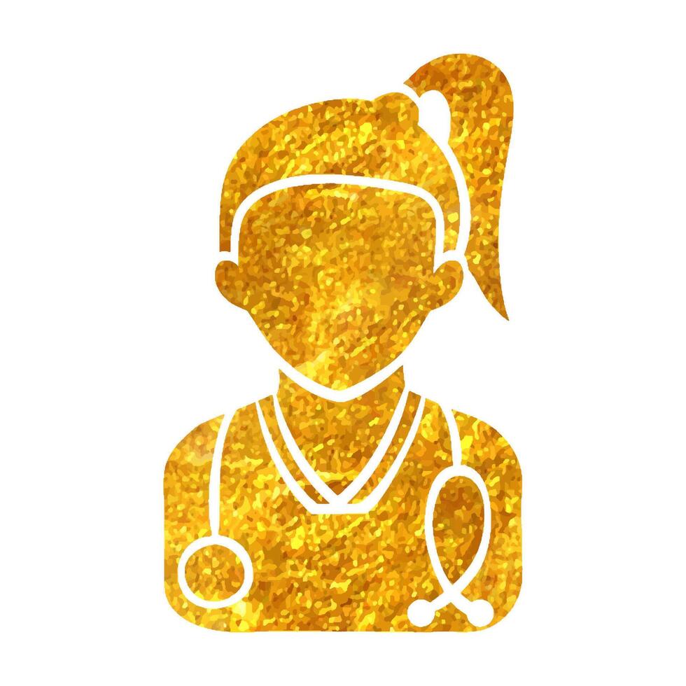 Hand drawn Woman doctor icon in gold foil texture vector illustration