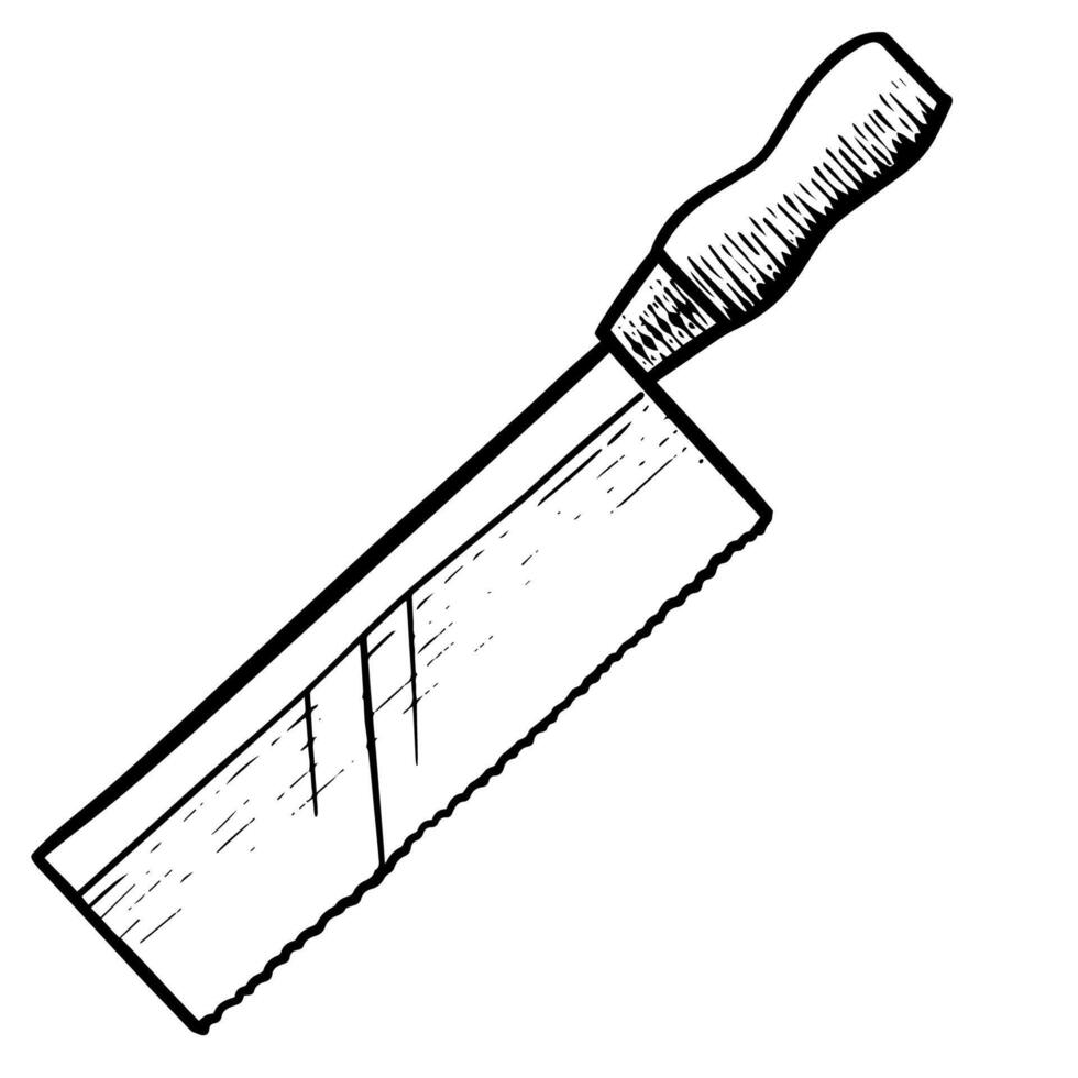 Razor saw in woodcut drawing style. Woodworking tool vector illustration.