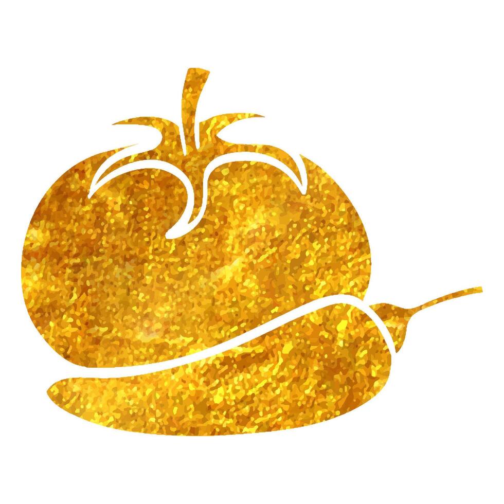 Hand drawn Tomato and pepper icon in gold foil texture vector illustration