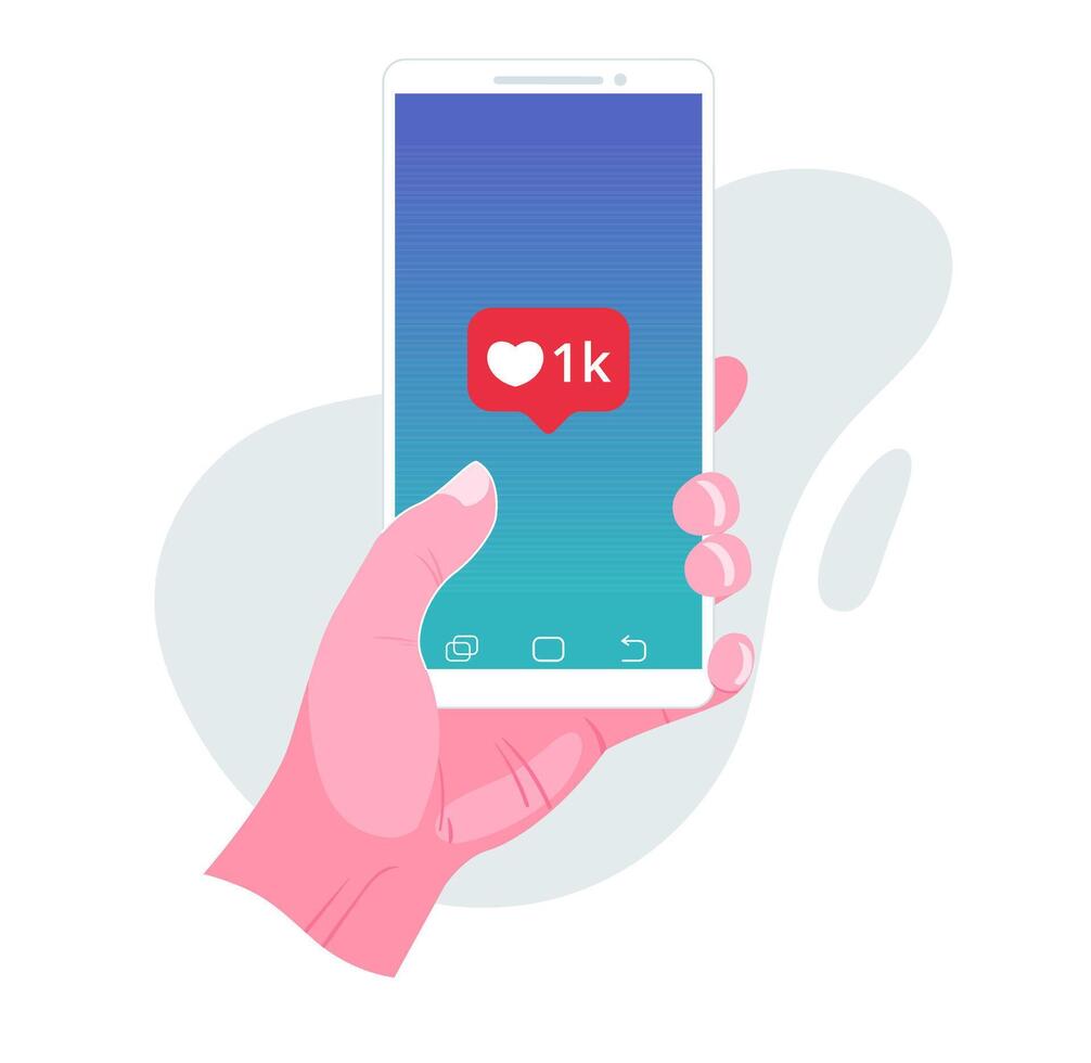 Hand holding smart phone with social media likes icon vector