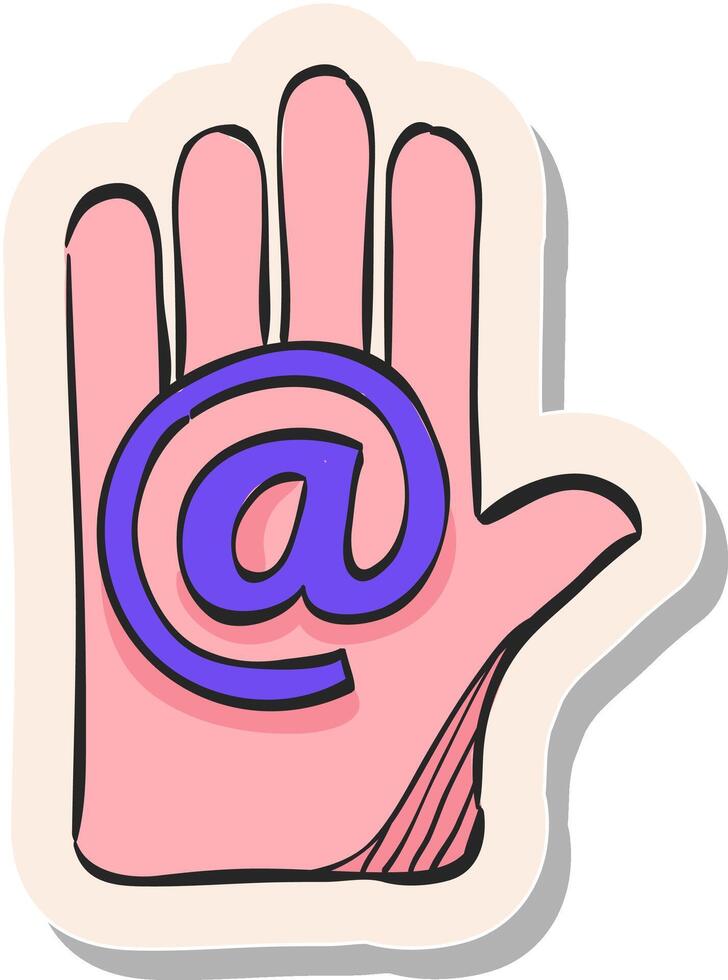 mano dibujado mano con correo electrónico icono en pegatina estilo vector ilustración