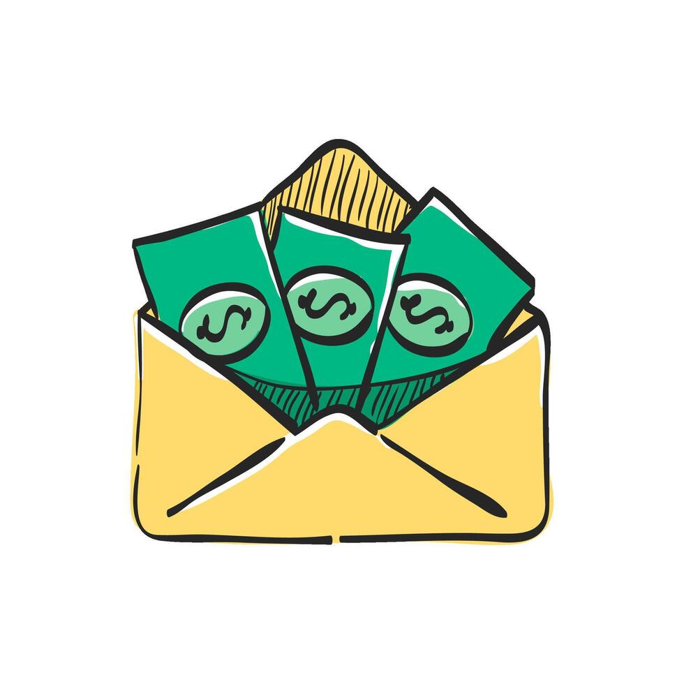 Money envelope icon in hand drawn color vector illustration