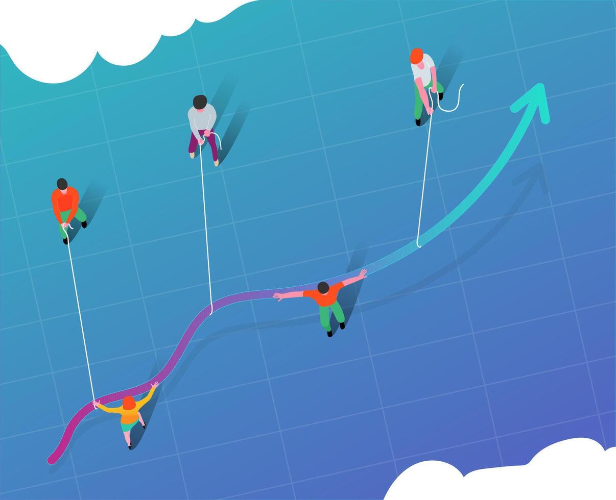 Group of people pulling line chart vector