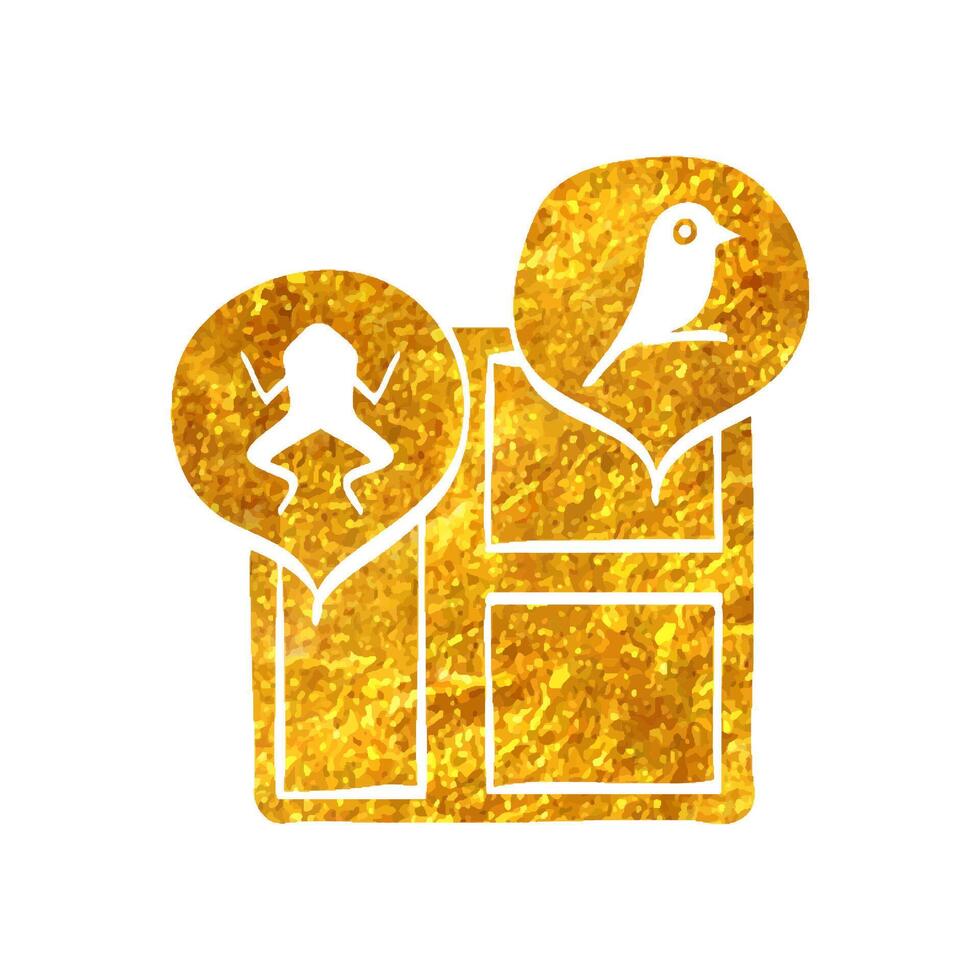 Hand drawn Zoo map icon in gold foil texture vector illustration