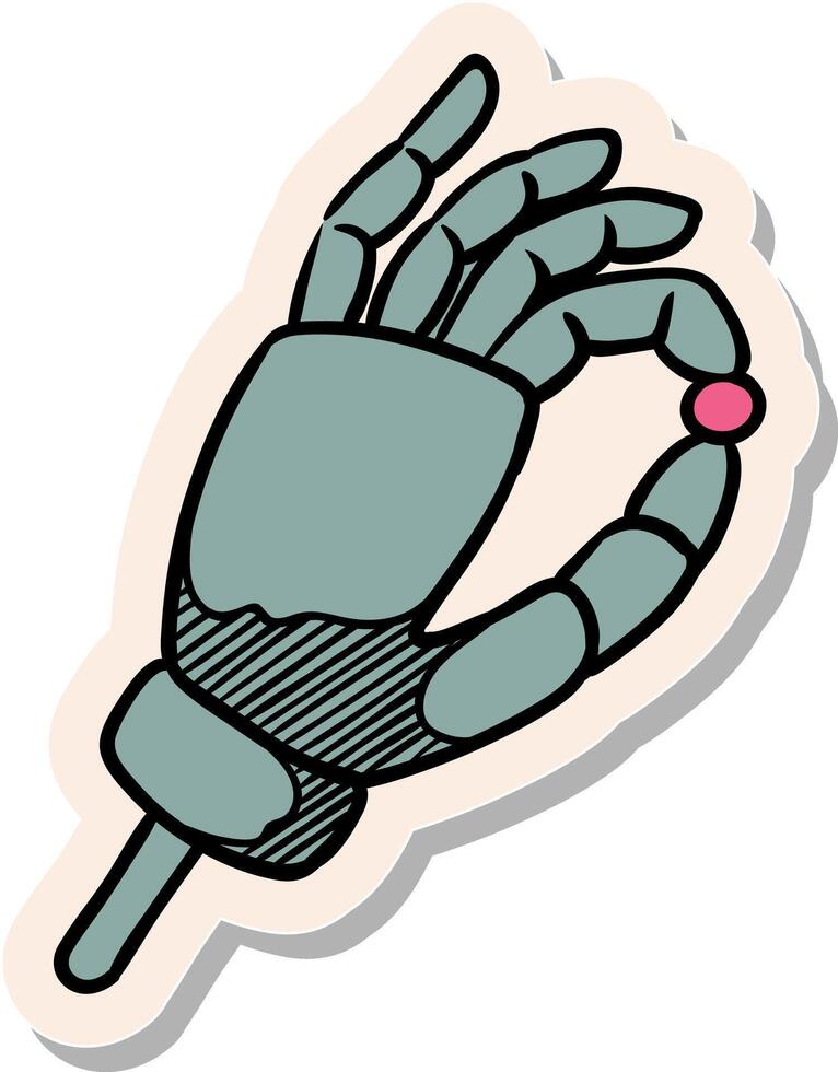 Hand drawn robotic arm holding small object icon in sticker style vector illustration