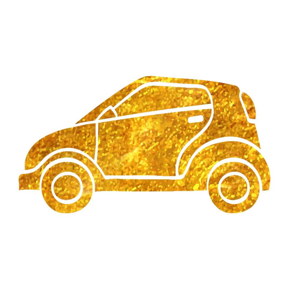 Hand drawn Green car icon in gold foil texture vector illustration