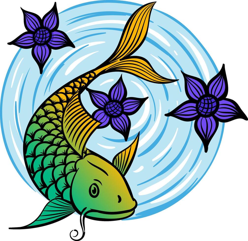 Hand drawn koi fish with lotus flower color vector illustration