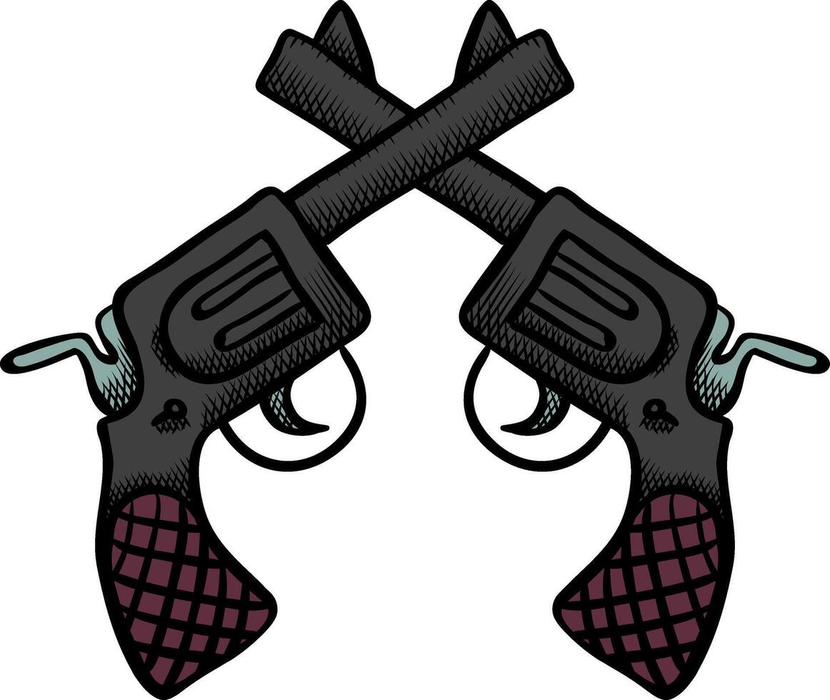 Hand drawn arm gun in vintage style color vector illustration