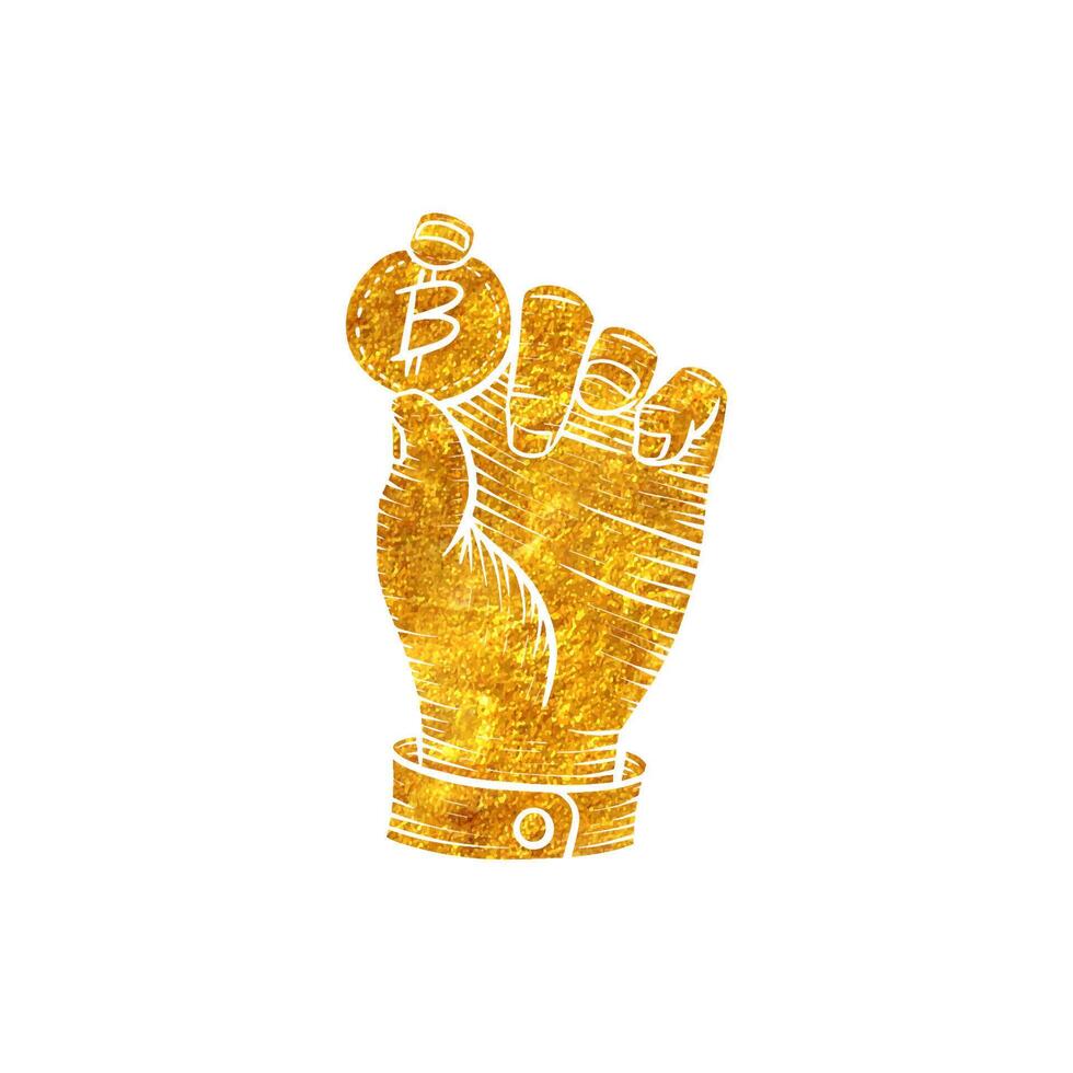 Hand holding bitcoin coin in gold foil texture vector illustration
