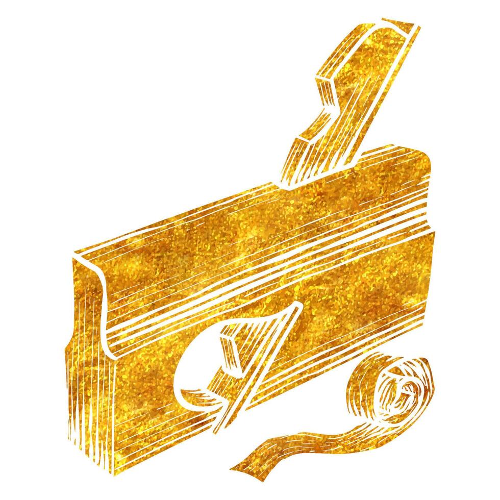 Hand drawn rabbet plane icon woodworking tool in gold foil texture vector illustration