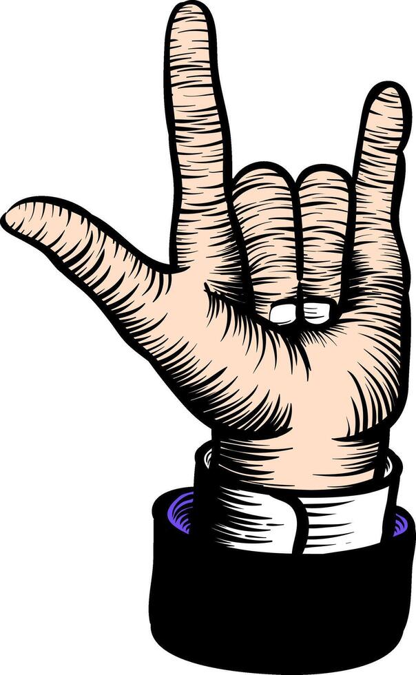 I love you finger gesture in woodcut style drawing color vector illustration