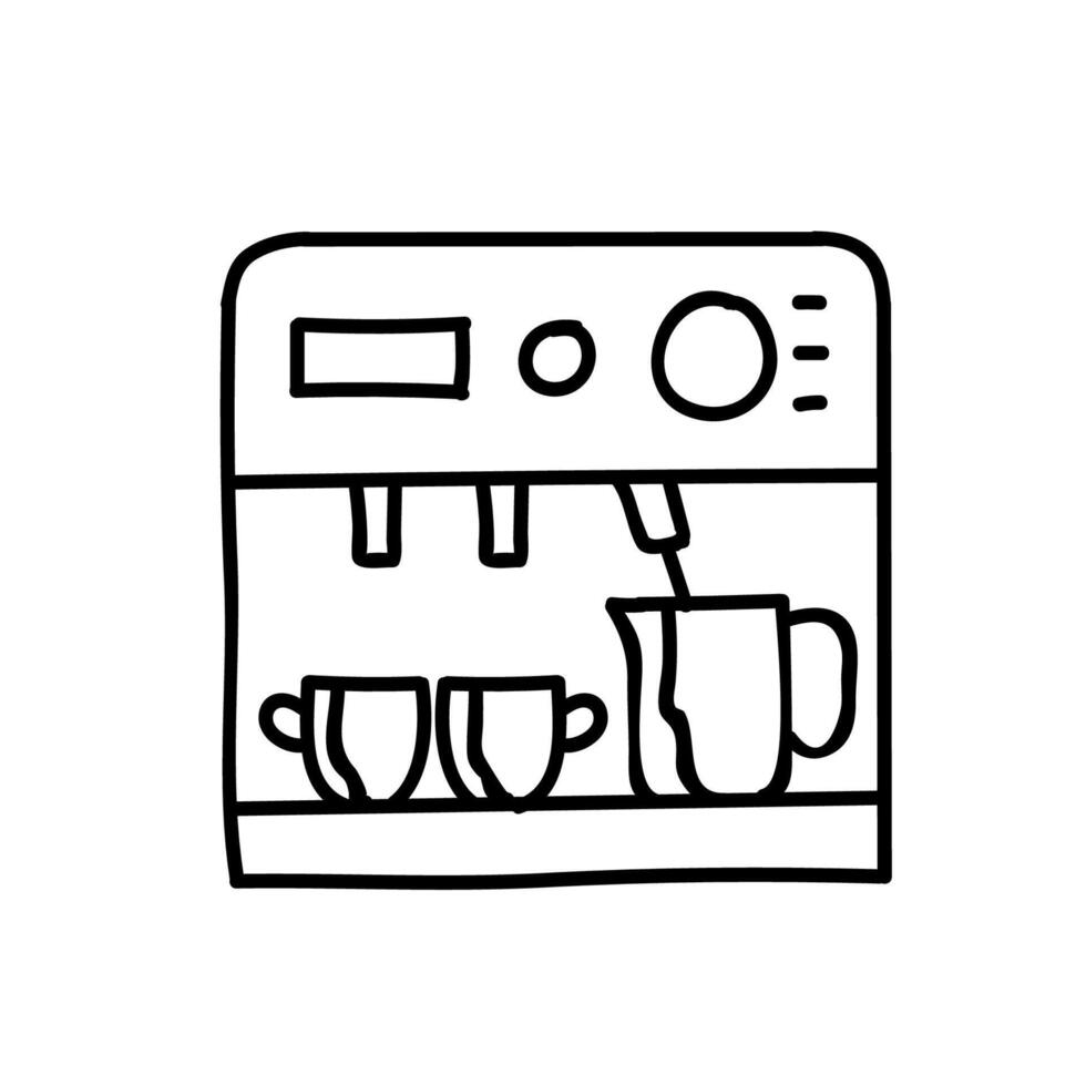 Coffee machine icon. Cup, portafilter, milk frother. Hand drawn vector illustration. Editable line stroke