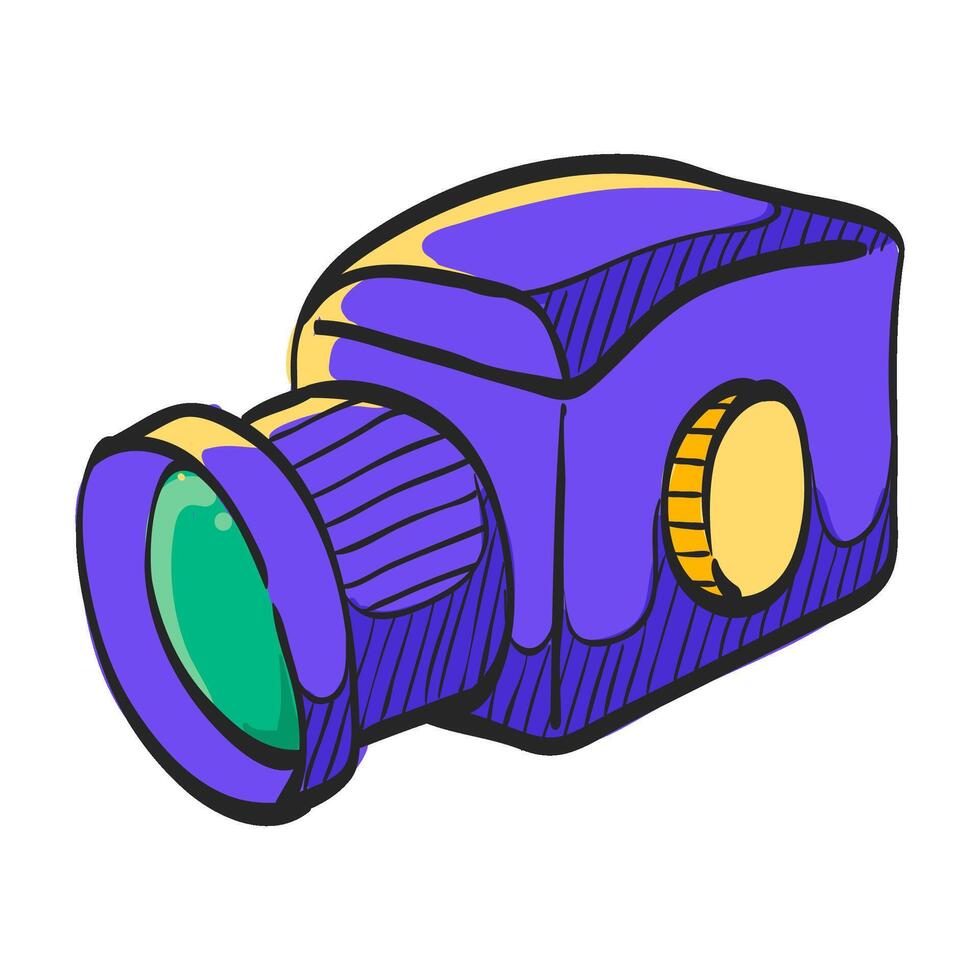 Camera icon in hand drawn color vector illustration